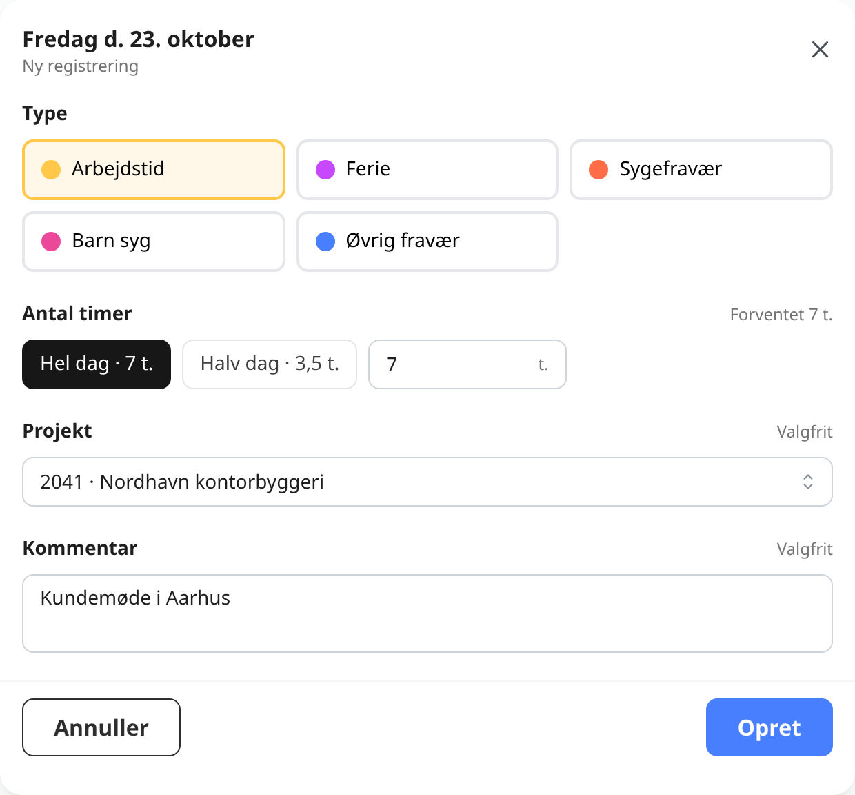 Ny registrering med valg af type, hel eller halv dag, projekt og kommentar