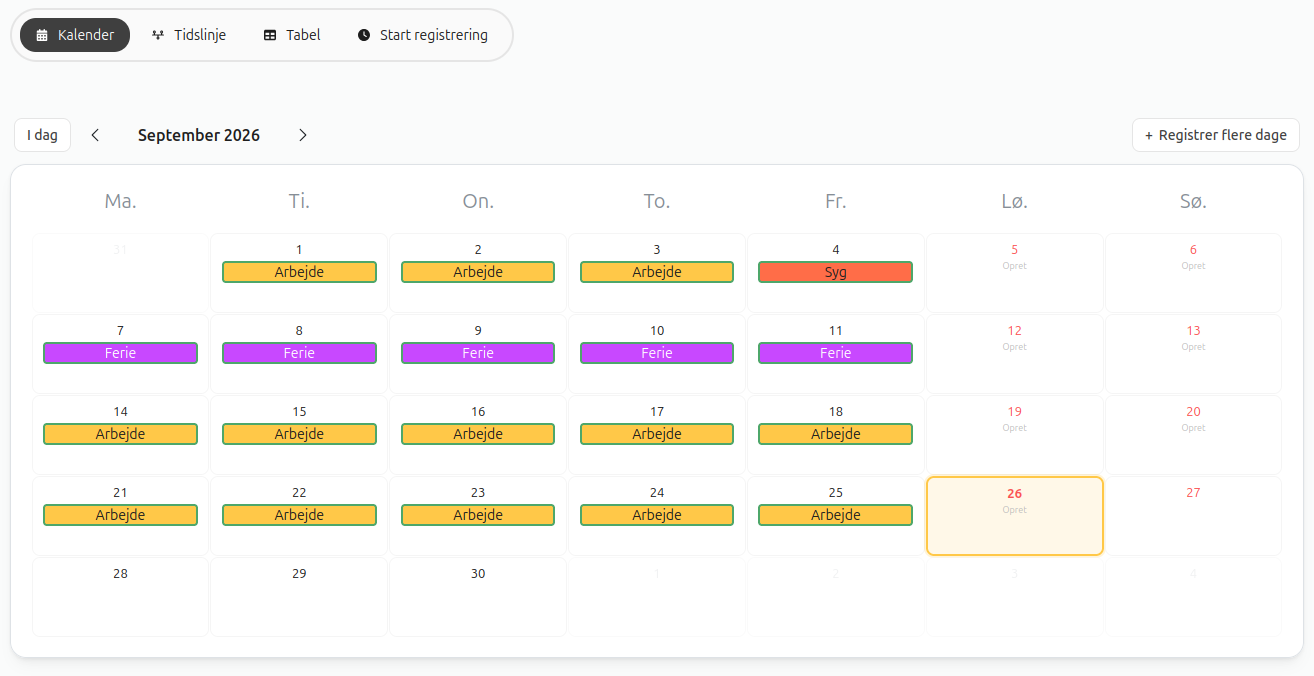 Kalender til registrering af arbejdstid, ferie og fravær