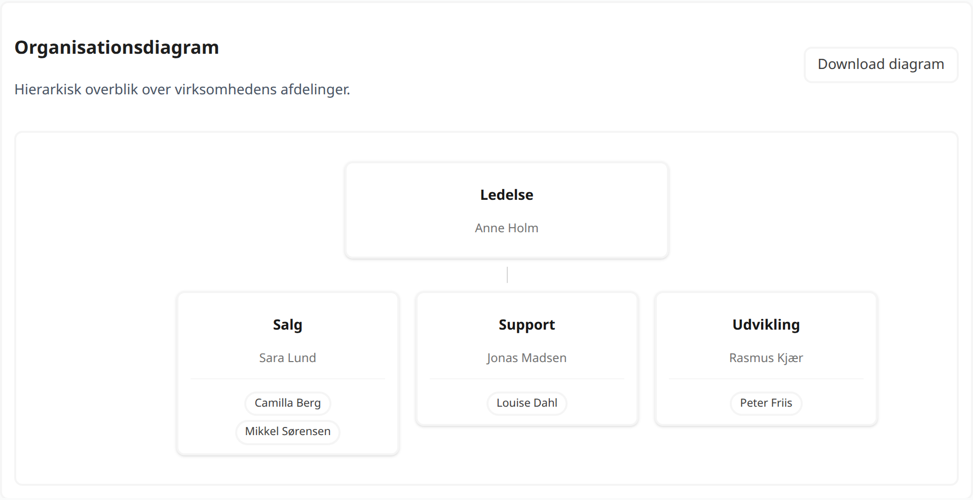 Organisationsdiagram med ledelse og afdelingerne salg, support og udvikling med ledere og medarbejdere
